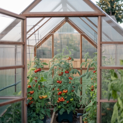 A view through the open door of a greenhouse showcasing healthy tomato plants supported by cages. The clear polycarbonate panels allow ample sunlight, creating a controlled and productive growing environment.