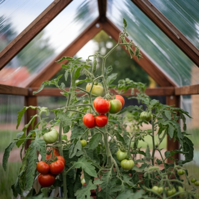 Close-up of vibrant tomato plants growing inside a greenhouse, supported by a wooden frame and sheltered under clear polycarbonate panels. The ripening tomatoes range from green to bright red, highlighting a thriving environment for hothouse gardening.