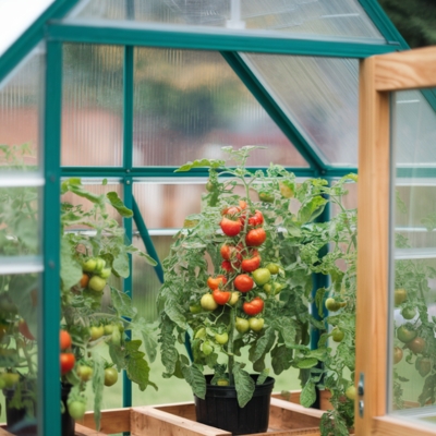 Tomato plants thriving inside a compact greenhouse with a green frame, supported by wooden planters. The tomatoes display a gradient of colors from green to red, emphasizing healthy growth in a controlled environment.