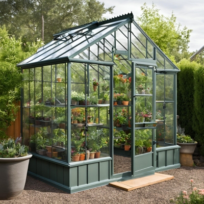 An A.I.-generated image of a compact greenhouse with a forest green frame and clear panels, showcasing a well-organized interior filled with vibrant potted plants and gardening supplies, surrounded by a neat gravel path and lush garden setting.