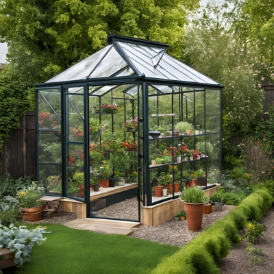 An A.I.-generated image of a stylish greenhouse with a dark green frame, clear glass panels, and a peaked roof, featuring shelves of thriving potted plants and vegetables. The structure is surrounded by a manicured garden with grass, gravel, and decorative pots.