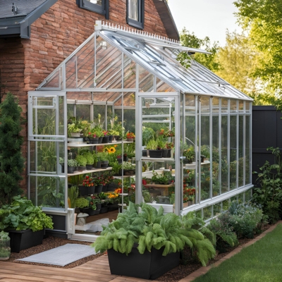 An A.I.-generated image of a clear glass greenhouse attached to a red brick house, featuring white framing and shelves filled with vibrant flowers and greenery. The surrounding area includes a wooden deck, manicured grass, and potted plants, creating a picturesque gardening space.