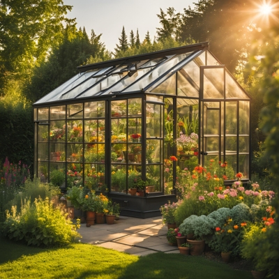 A beautifully illuminated greenhouse showcasing a variety of vibrant flowers and lush greenery, set in a serene garden landscape during sunset. AI-generated prototype image for greenhouse inspiration.