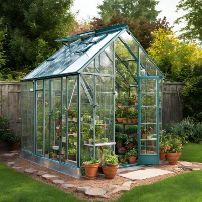 A charming greenhouse with a blue-framed structure, filled with an array of potted plants and flowers, surrounded by a neatly landscaped garden with stepping stones. AI-generated prototype image for greenhouse design inspiration.