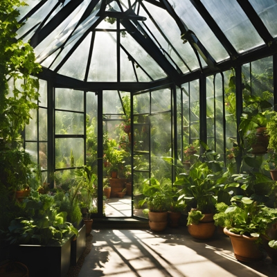 Interior view of a sunlit greenhouse with a dark-framed structure, showcasing an abundance of thriving plants and potted greenery under dappled light. AI-generated prototype image for greenhouse design inspiration.