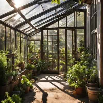 Sunlit interior of a lean-to greenhouse filled with lush greenery, potted herbs, and vibrant foliage. The space features a glass roof and walls, allowing abundant natural light to illuminate the plants, creating a serene and productive gardening environment.