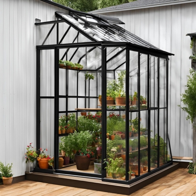 Modern lean-to greenhouse attached to a white exterior wall, featuring a sleek black frame and clear glass panels. The interior showcases neatly arranged potted plants and herbs on multiple levels, basking in natural light. A wooden deck surrounds the greenhouse, enhancing its functionality and charm.