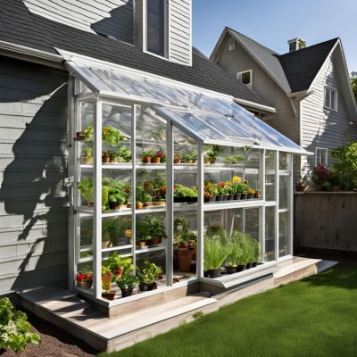 Lean-to greenhouse with a white frame attached to a gray house, featuring clear glass panels and multiple shelves filled with vibrant plants and herbs. A small wooden deck provides easy access, surrounded by a lush green lawn under a sunny sky.