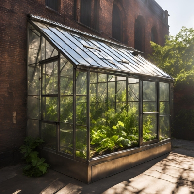 A beautiful glass greenhouse with lush plants inside.