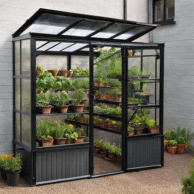 A beautiful glass greenhouse with lush plants inside.