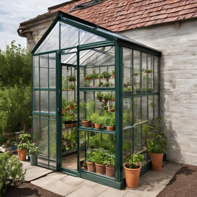 A beautiful glass greenhouse with lush plants inside.