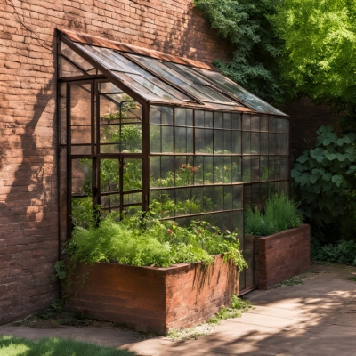 A beautiful glass greenhouse with lush plants inside.