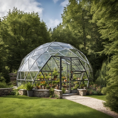 A stunning geo dome greenhouse set in a lush green backyard, featuring a modern design with transparent panels, potted plants, and a gravel path leading to the entrance, surrounded by trees and garden beds.