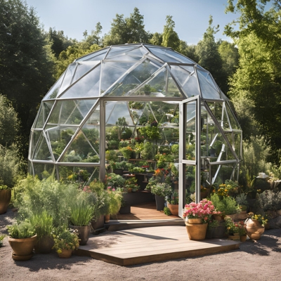 A beautifully crafted geo dome greenhouse with a wooden deck entrance, surrounded by vibrant potted flowers and lush greenery, set against a serene forest backdrop.