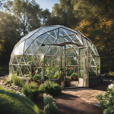 A geo dome greenhouse in a serene backyard, featuring a partially open door, lush plants visible inside, and a charming stone path leading to the entrance, surrounded by vibrant greenery and trees.